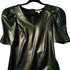 12THOMPSON Blouse Womens Size S Black Puff Sleeve V-Neck Back Zip Top